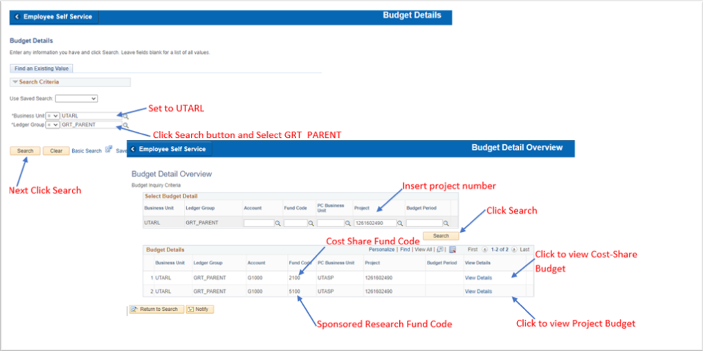 Budget details employee self-service menu